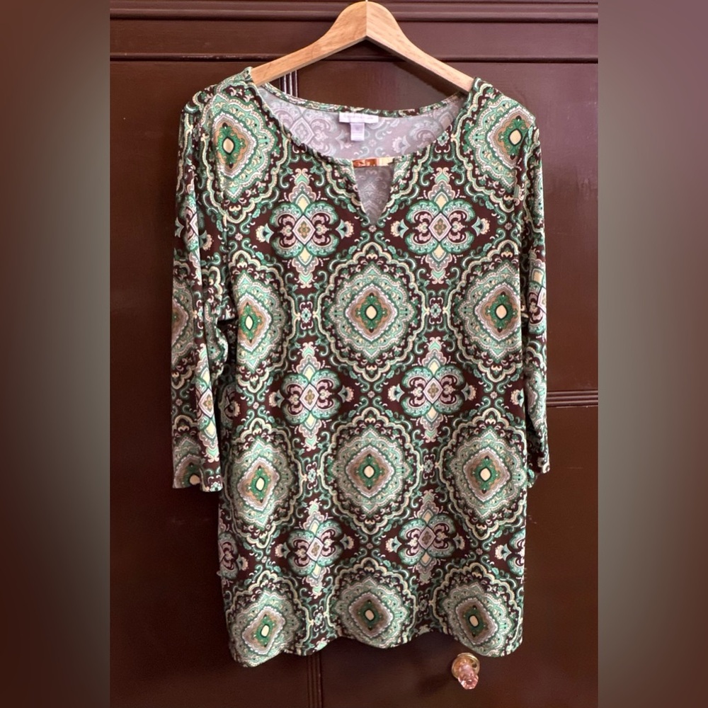 Charter Club Medallion Print Tunic Top XL (Green & Brown)